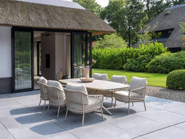 Sardinia low dining set with Nevada barrel table ceramic top 250x105cm outdoor 01.jpg