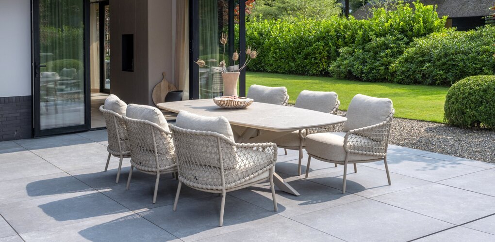 Sardinia low dining set with Nevada barrel table ceramic top 250x105cm outdoor 01.jpg